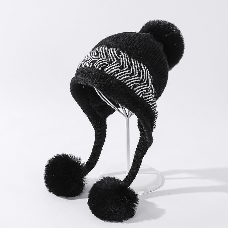 Color-blocking Twist Three-hair Ball Ear Protection Wool Hat