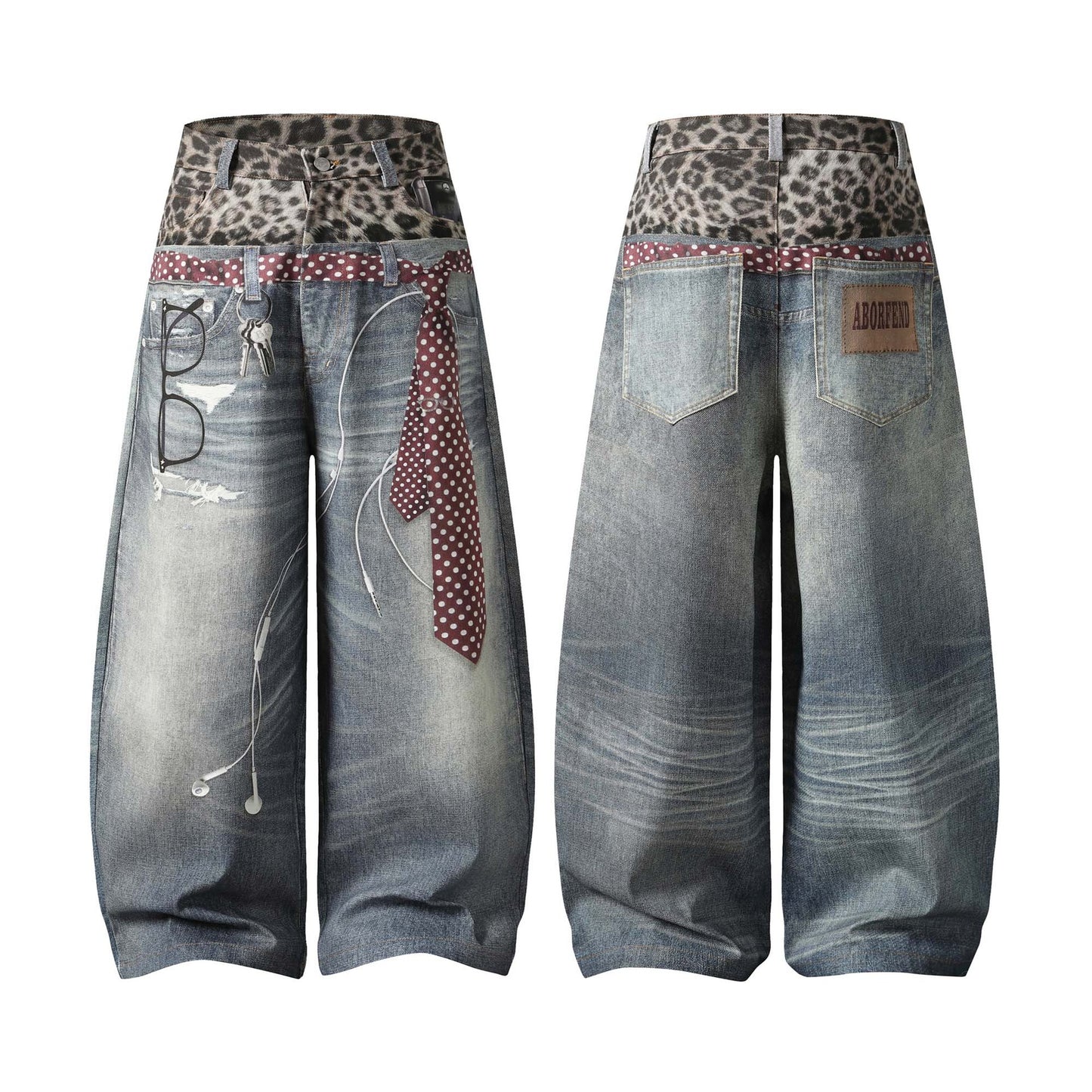 Leopard-print, Two-piece-look Washed And Distressed Denim Jeans