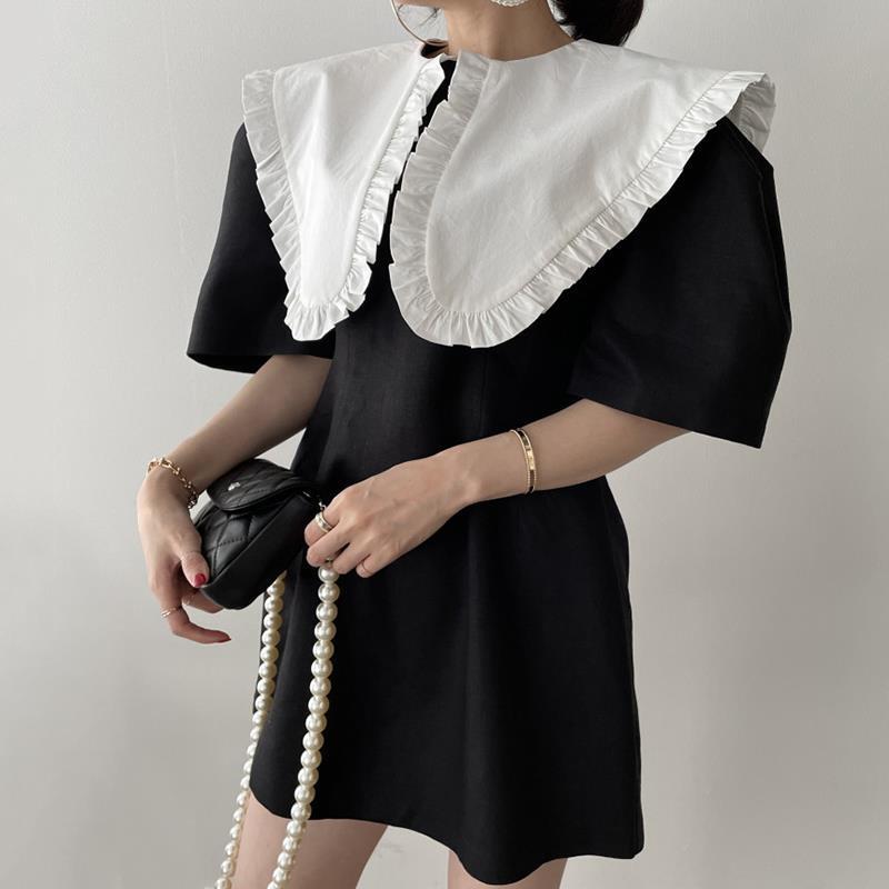 Contrast Color Stitching High Waist Puff Sleeve Dress With Fungus Edge