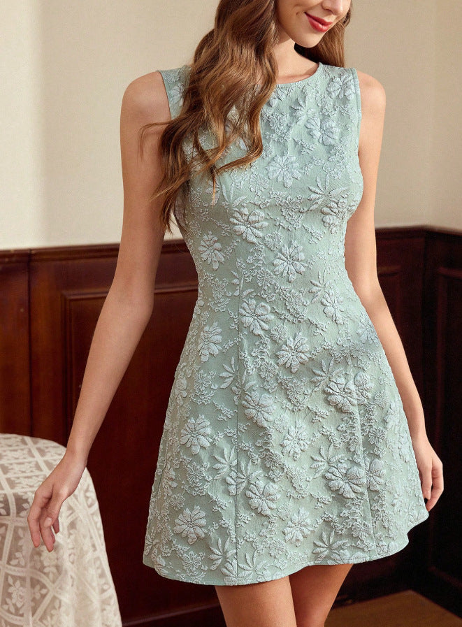 Floral French Minimalist Jacquard Sleeveless Dress