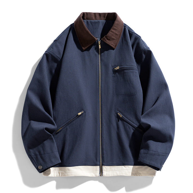 American Retro Workwear Autumn Loose Contrast Color Lapels Couple Jacket