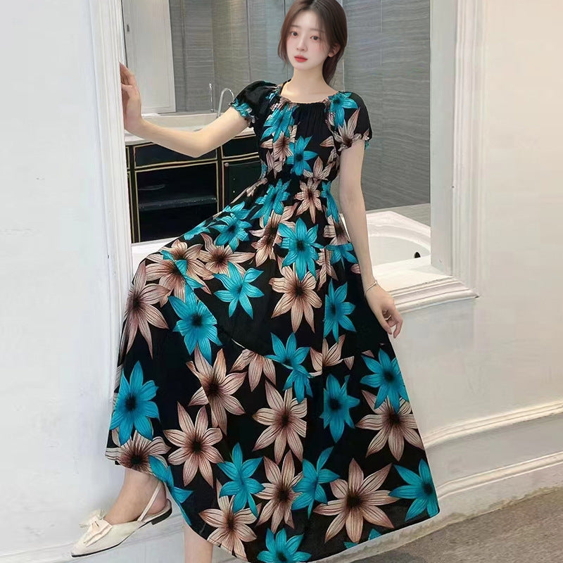 Summer Ethnic-style Elastic-waist Beach Bohemian Shoulder Dress