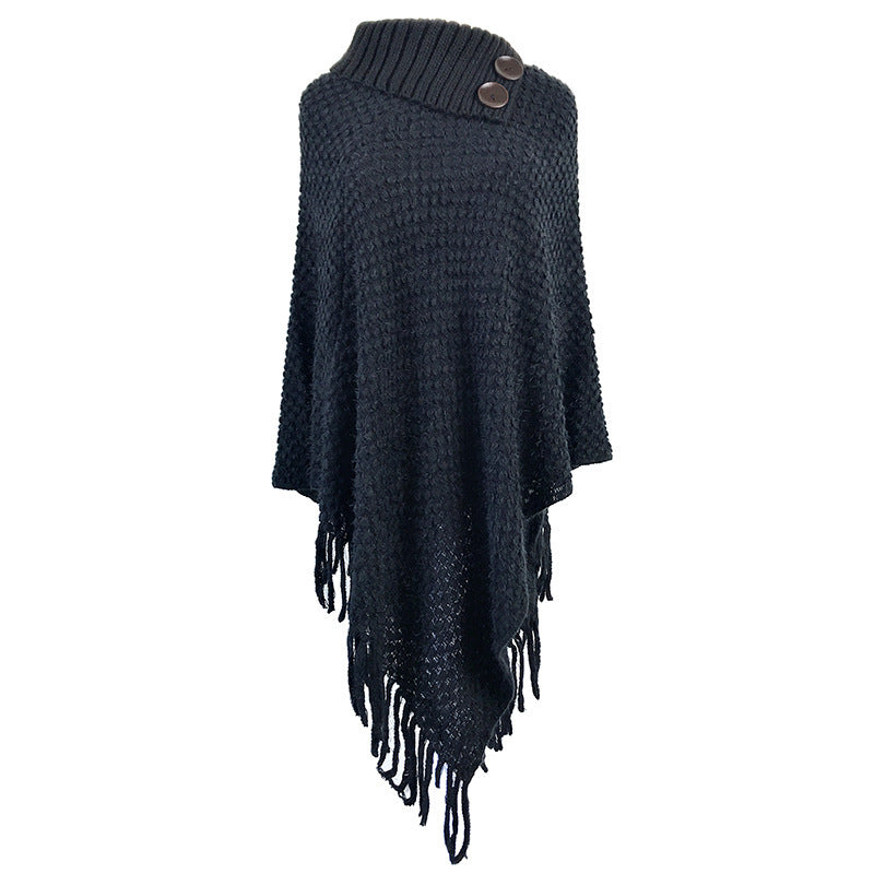 Buttoned half-open collar tassel cape shawl