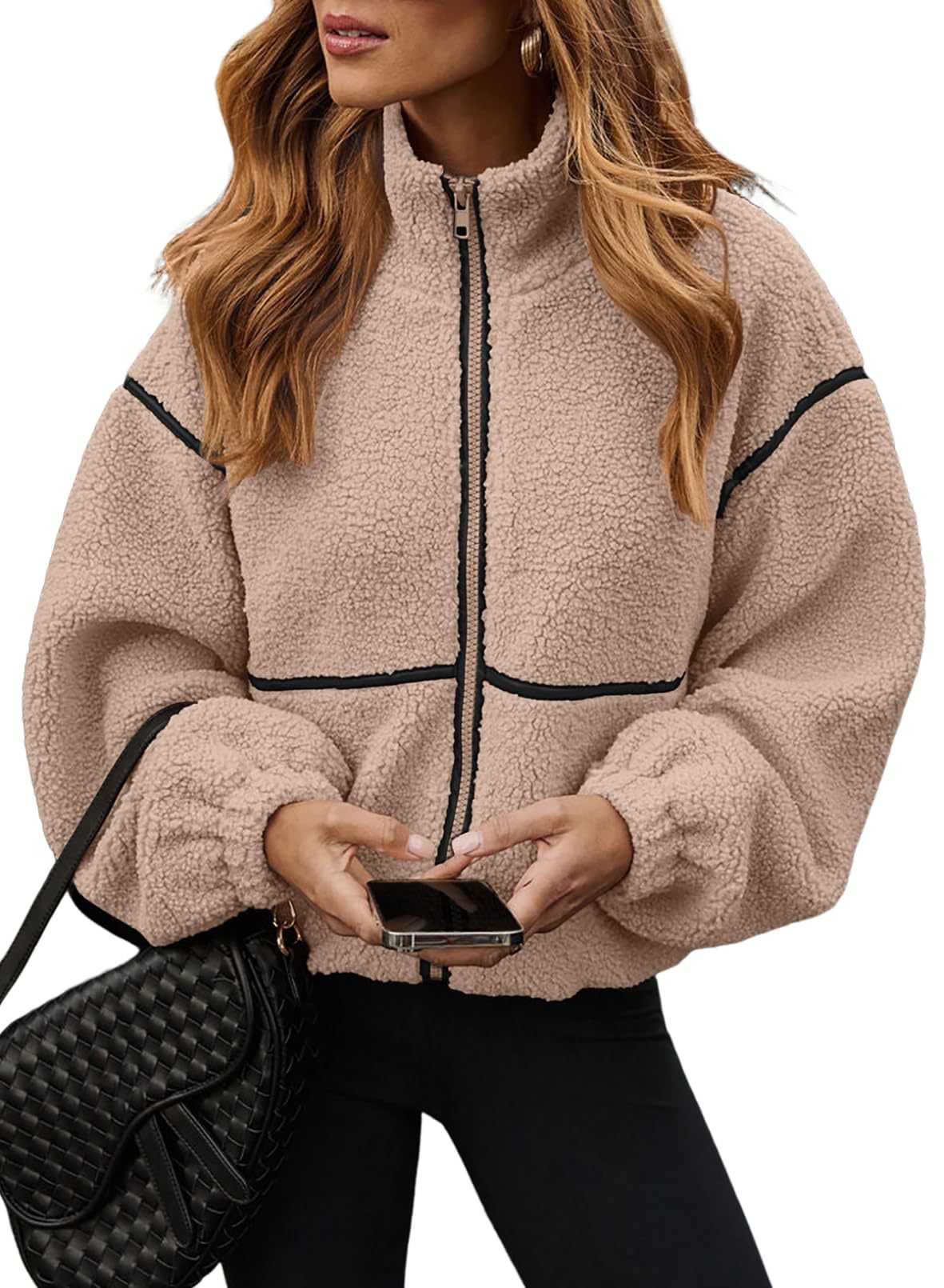 Berberfleece kontrasterende farve standkrave fritids all-match frakke