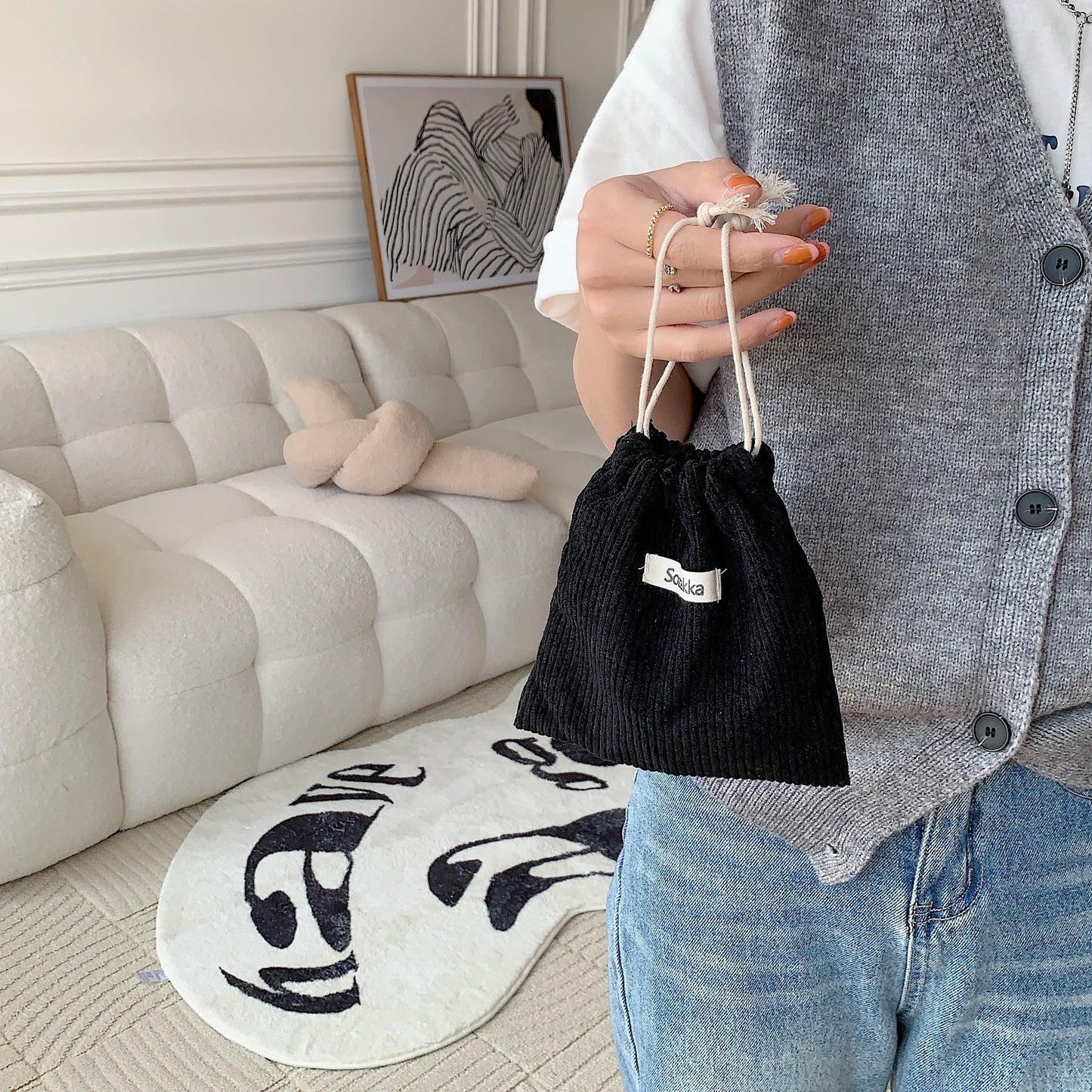 Solid Color Corduroy Buggy Bag Drawstring Bundle Cosmetic Bag