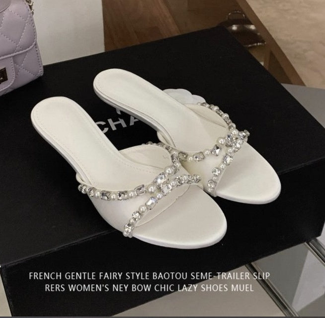 Women's Elegant Low Heel Sandals With Rhinestone & Pearl Bow, Round Toe, Simple Satin, Perfect For Dresses