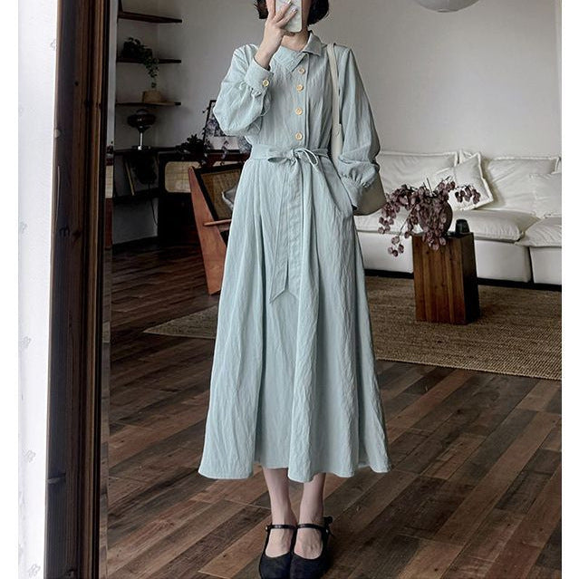 Stand Up Collar Lapel Long Sleeve Belted Loose Fitting Dress