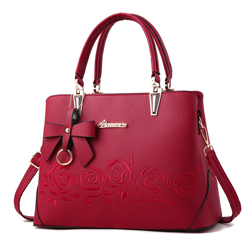 Embroidered rose tote shoulder bag