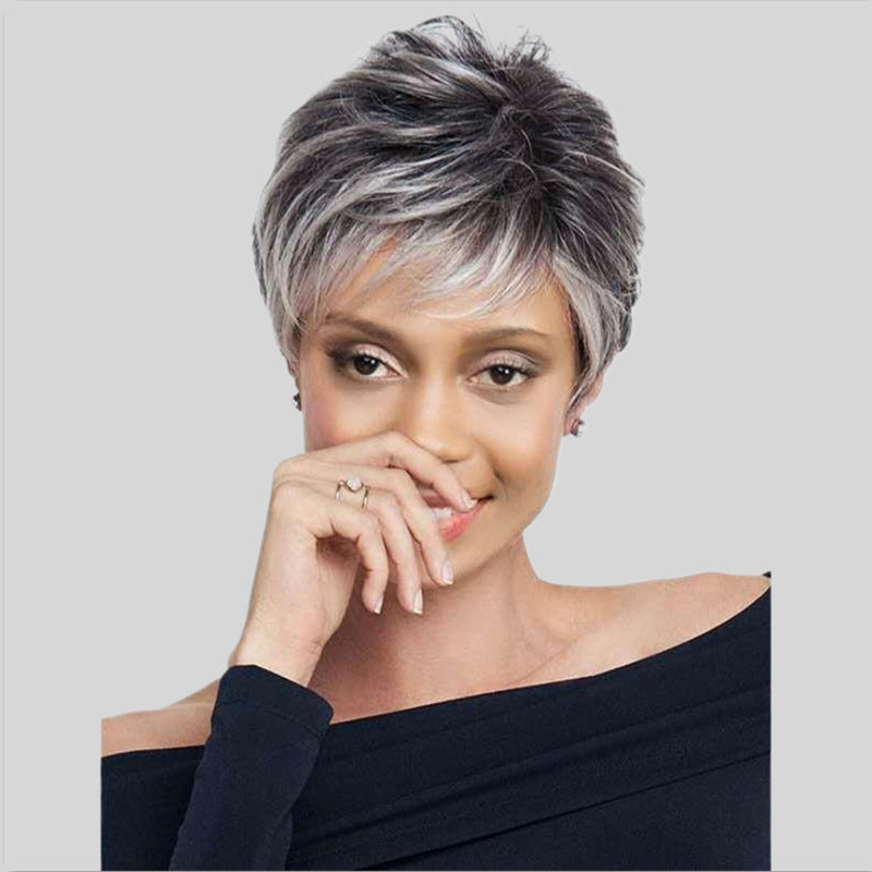Fashionable Gradient Gray-White Women's Short Curly Wig With Side Part Made From High-Temperature Synthetic Hair
