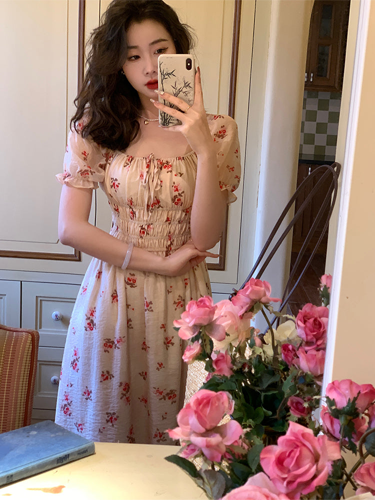 French Retro Court Style Floral Square Neck Dress