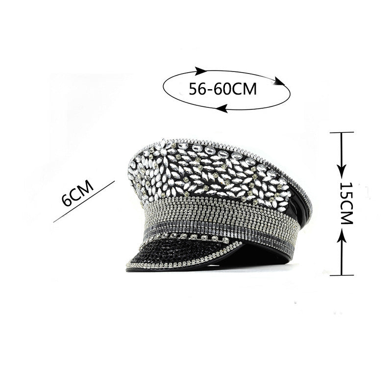 Kvinders Diamant Bryllupshat Sølv Pailletter Diamanter Fotohue Kasket med skygge Flad-top Hat Performance Hat