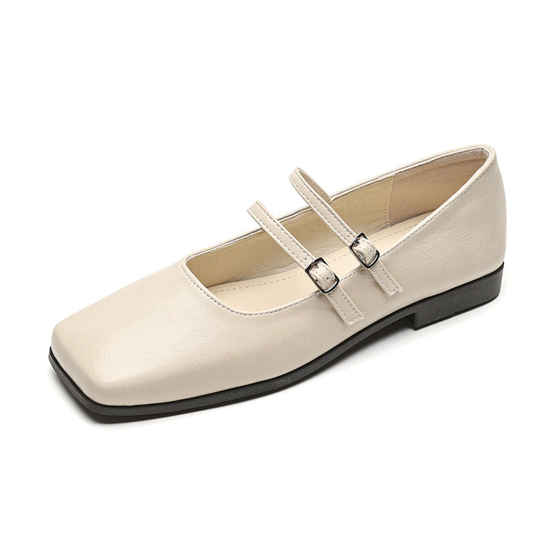 Genuine Leather Cross Buckle Strap Shallow Mouth Flat Bottom Pumps Silver Ballet Slipper Mary Jane Shoes
