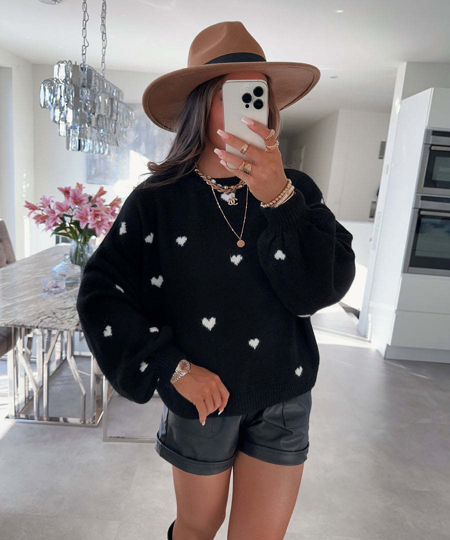 Female With Hearts Loose Sweater Pullover Long Sleeve Sweater