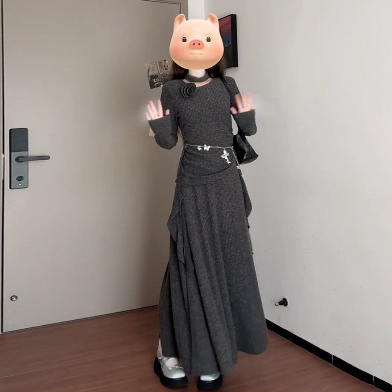 Lady's Fashion High-end Neck-hanging Knit Long Dress Set