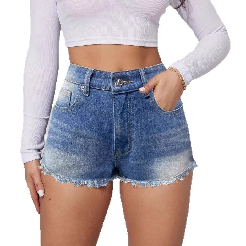 Stylish Non-Stretch Mid-Waist Embroidered Denim Shorts For Women