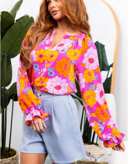 Rose Floral Print Flounce Sleeve Notched Neck Blouse