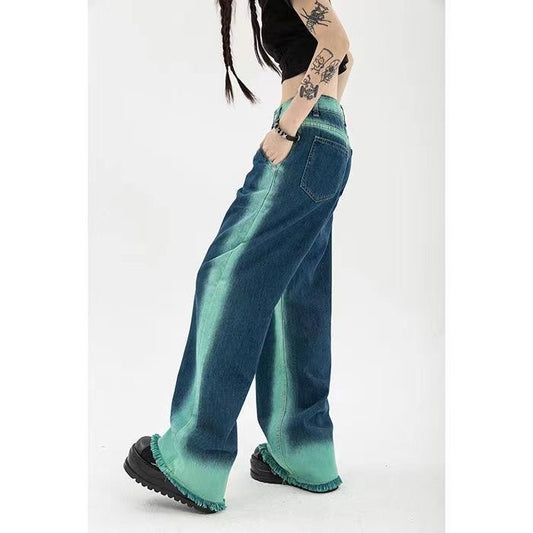 High Waist Loose Straight Contrast Jeans