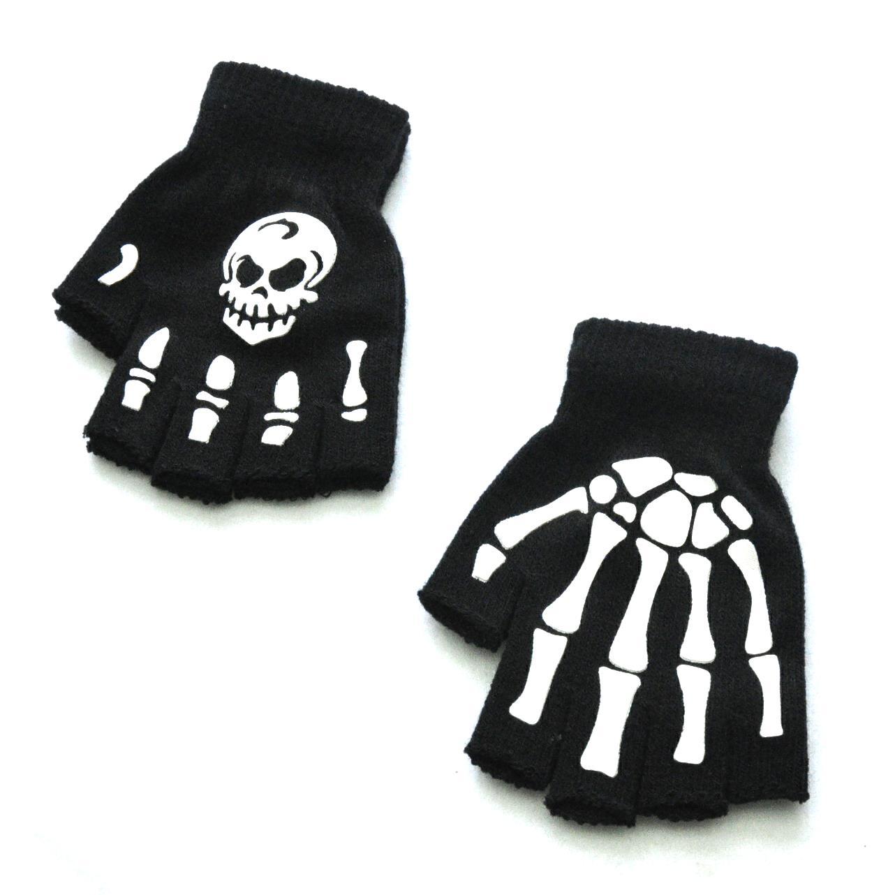 Varme Strikkede Halvfingerhandsker Halloween Lysende Kranie