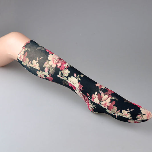 Autumn And Winter Medium Tube Stockings Elastic Retro Print Calf Socks Big Flower Pattern