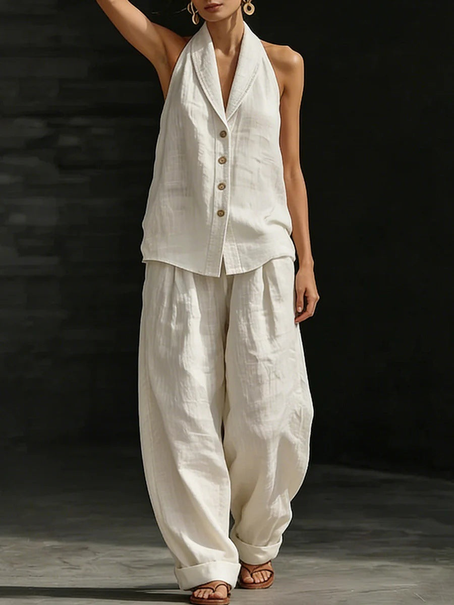 Wide-leg Pants Suit Womens Cotton-linen Fashionable Two-piece Set