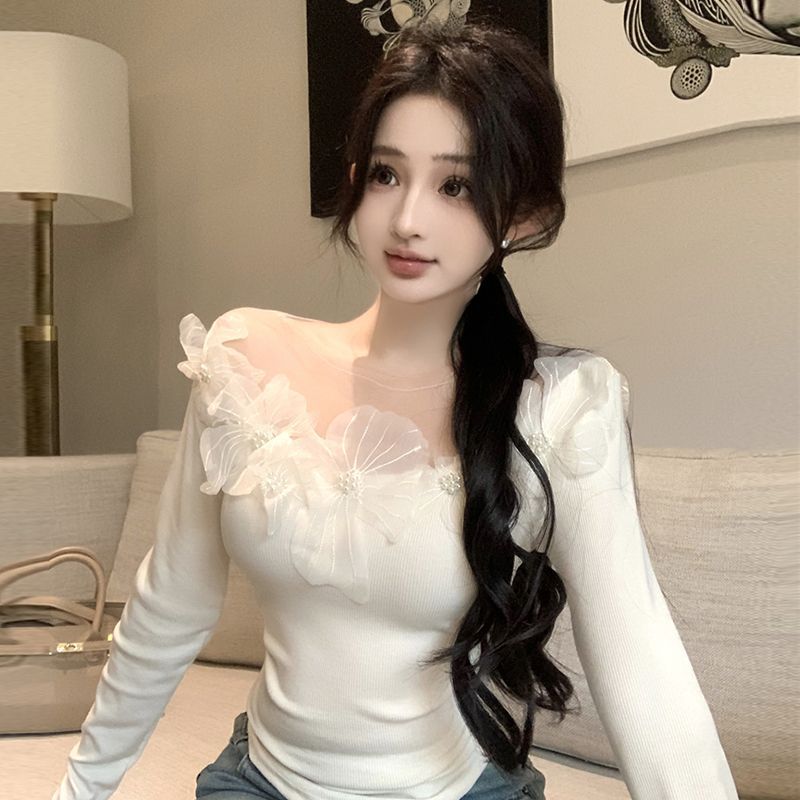Womens Lace Fashionable Slim-Fit Floral T-Shirt