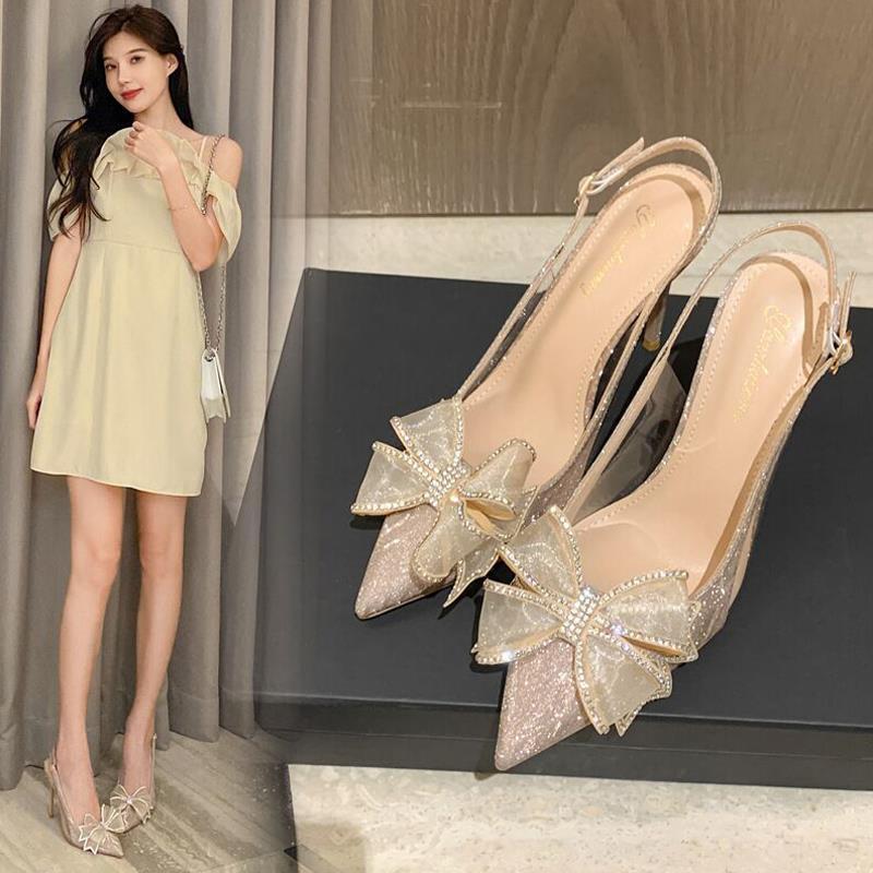 Champagne Bow Rhinestone Stiletto Sheer High Heel Sandals