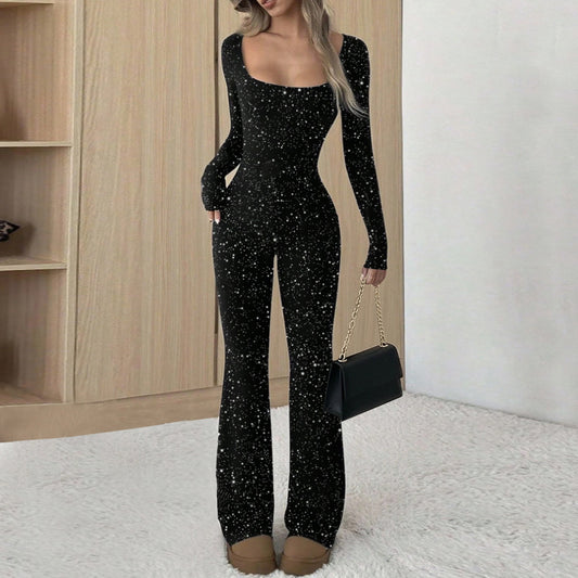 Efterår Temperament Slim Fit Firkantet Hals Sølv Jumpsuit Til Kvinder