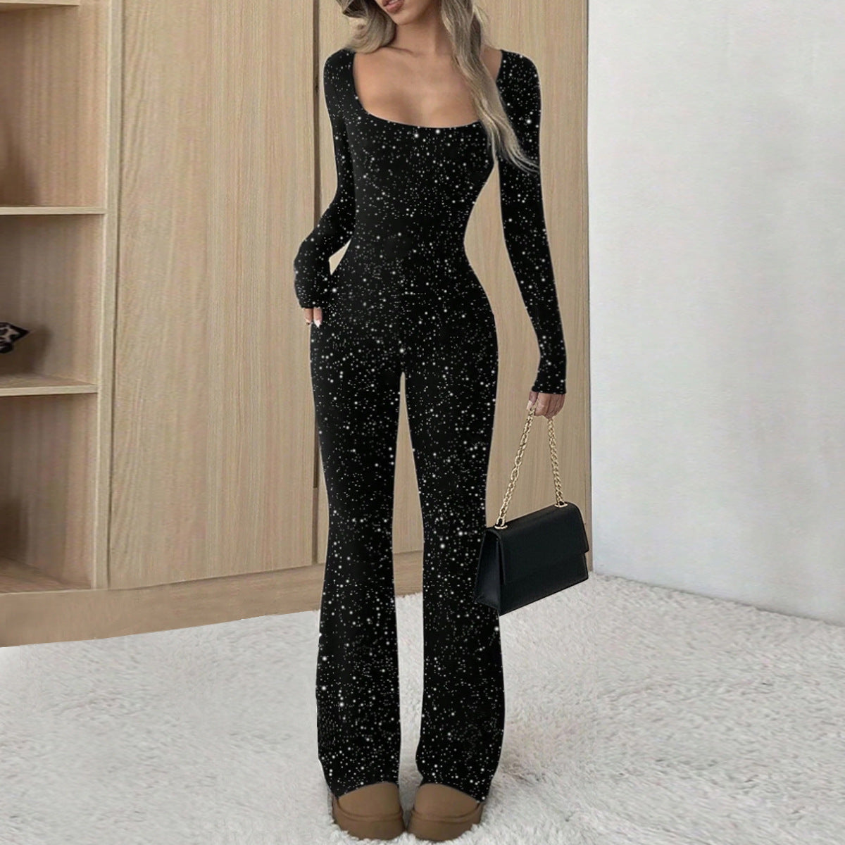 Autumn Temperament Slim Fit Square Neck Silver Jumpsuit For Women