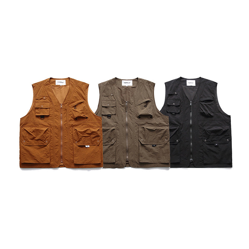 Solid Color Multi-pocket Collarless Frock Vest