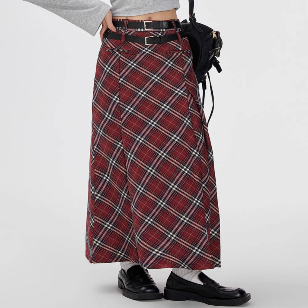 Retro Plaid Skirt High Waist Midi Skirt