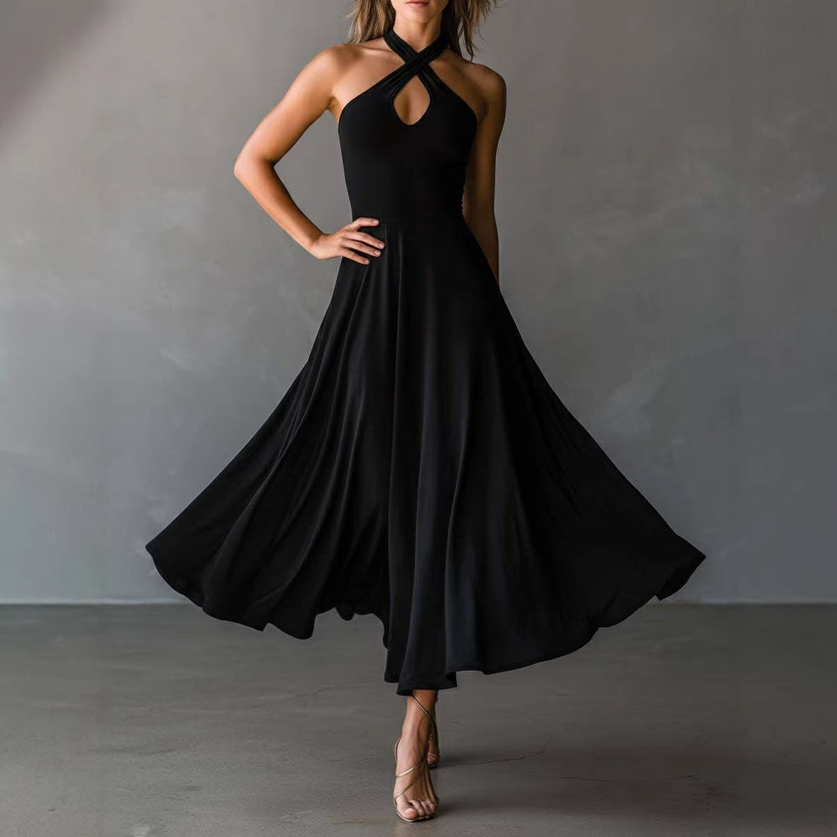 Womens Retro Elegant High-Neck A-Line Long Dress