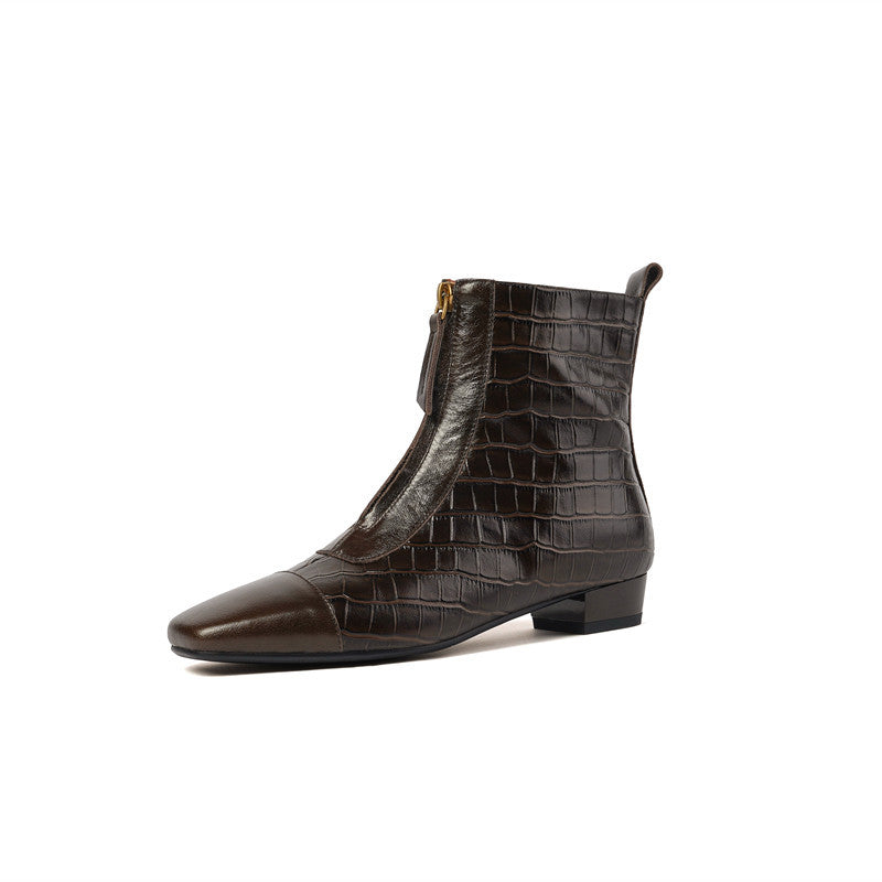 Retro Elegant Square Head Low Heel Zip Ankle Boots Women