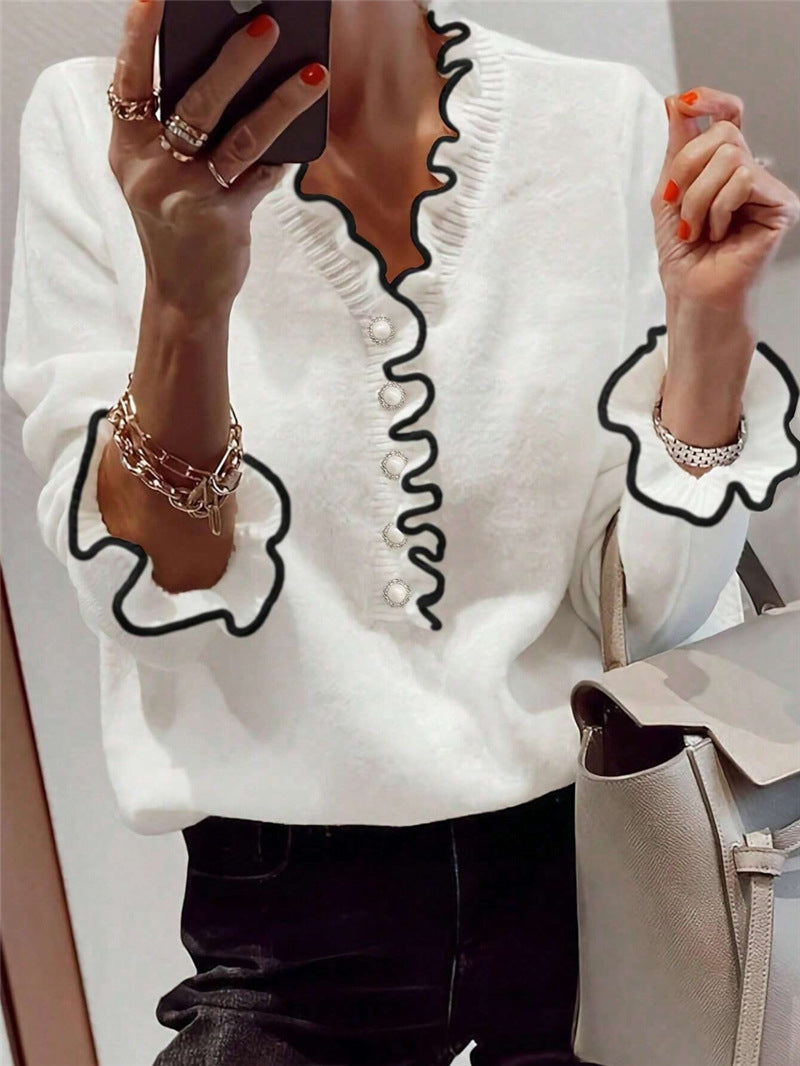 Fashion Color Contrast Wooden Ear Pearl Button Long Sleeve V-neck Sweater Pullover