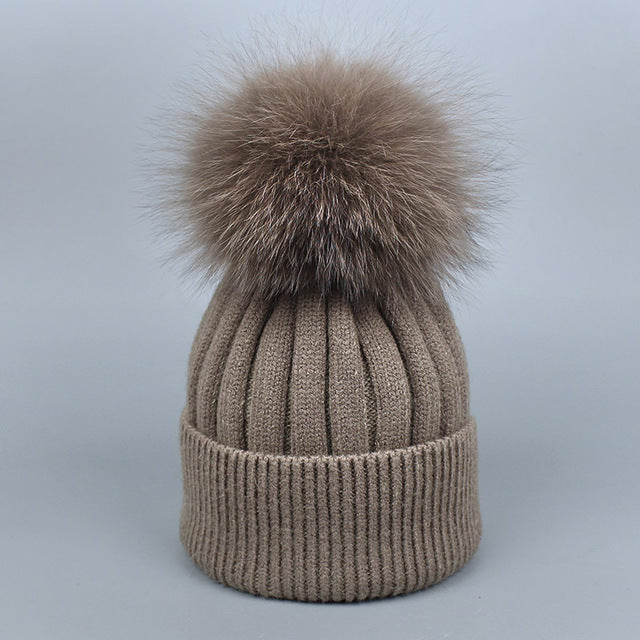 Fox Fur Warm Winter Hat With Ball For Women Child Girl Wool Thick Knitted