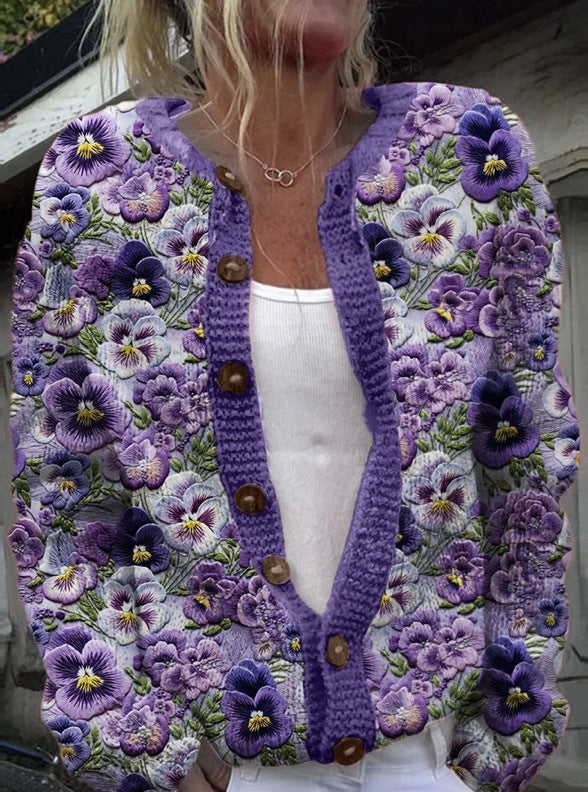 3D Digital Print Cardigan Strikket Frakke Damebeklædning