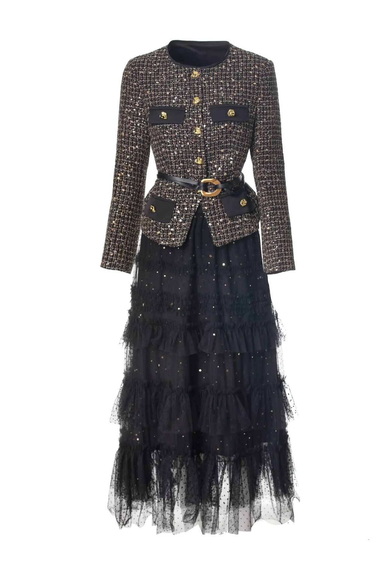 Chanel-style Elegant Solid-color Mesh Skirt With A Sophisticated Vibe