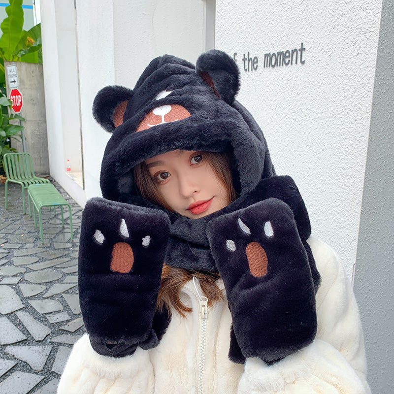 Korean Version Of Cute Bear Ears Warm Hat And Scarf One Thick