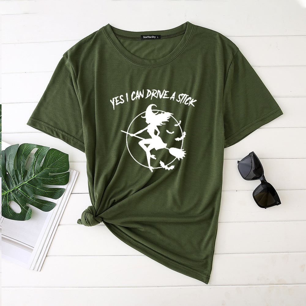 Flying Witch Print Crew Neck Short Sleeve T-Shirt