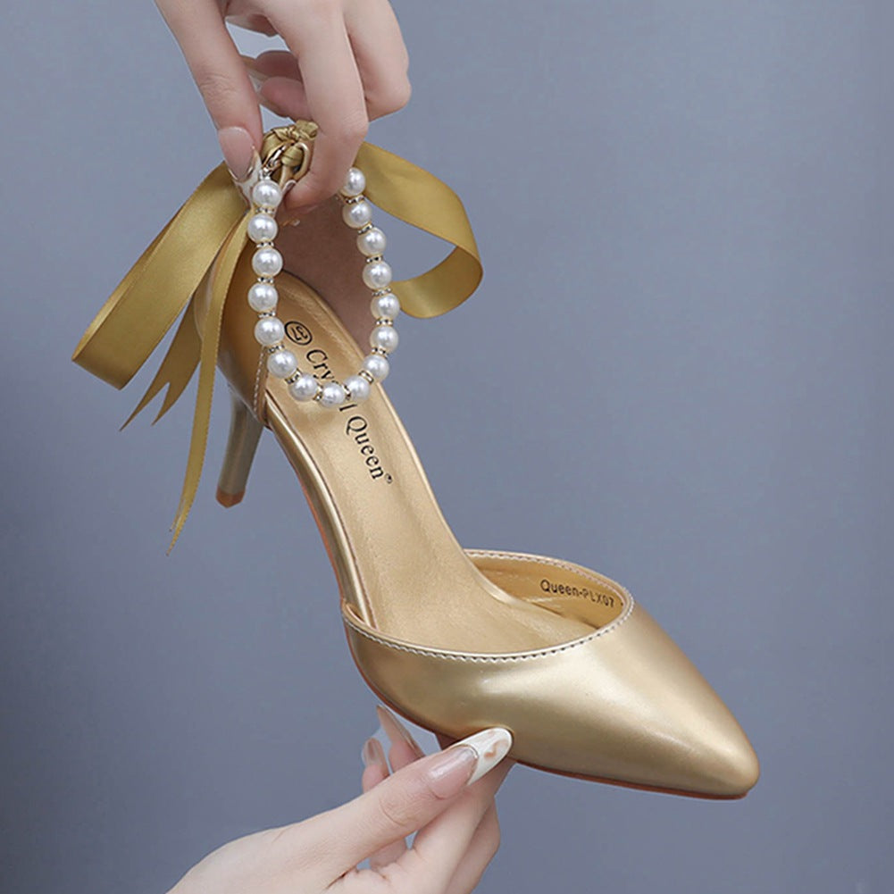 Mid Heel Rhinestone  7cm    Beaded Ribbon Sandals Matte Soft PU Leather Dress Shoes For Women