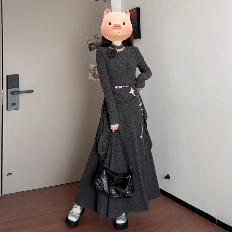 Lady's Fashion High-end Neck-hanging Knit Long Dress Set