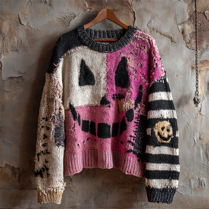Womens 3D Digital-print Crew-neck Loose Sweater