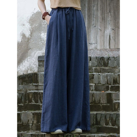 Women's Solid Color Casual Loose Cotton And Linen Wide-leg Trousers