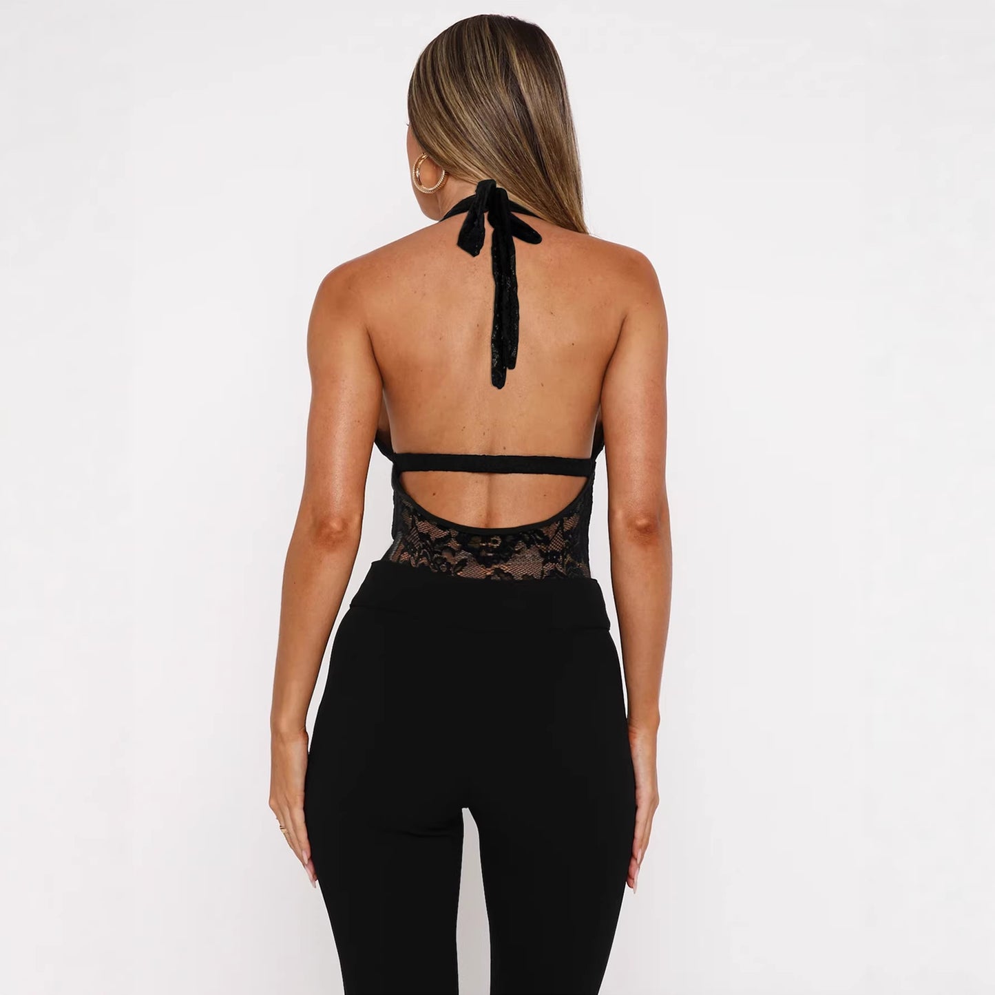 Womens Halter Deep V-Cut Cutout Backless Jumpsuit