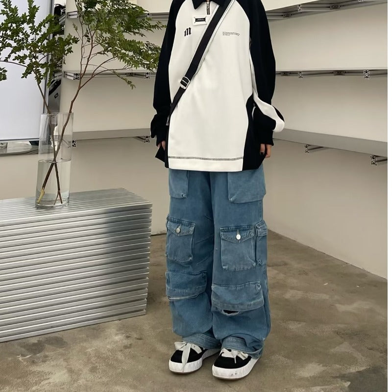 Light-colored Zipper Washed Overalls