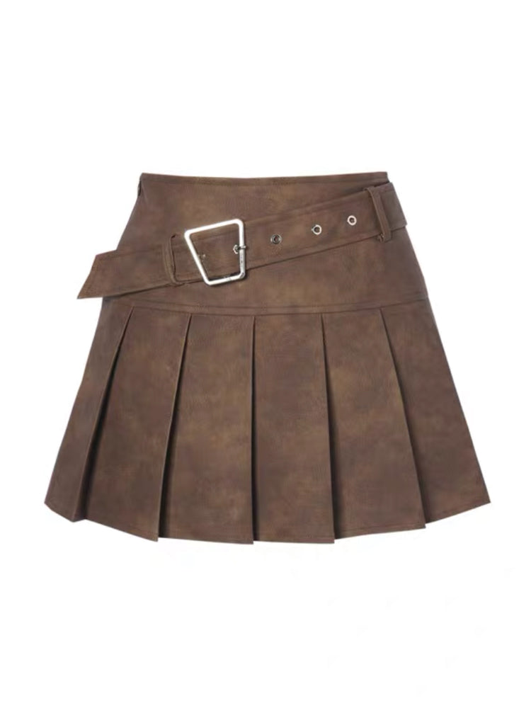 PU Leather Skirt High Waist Slimming A- Line Pleated Skirt