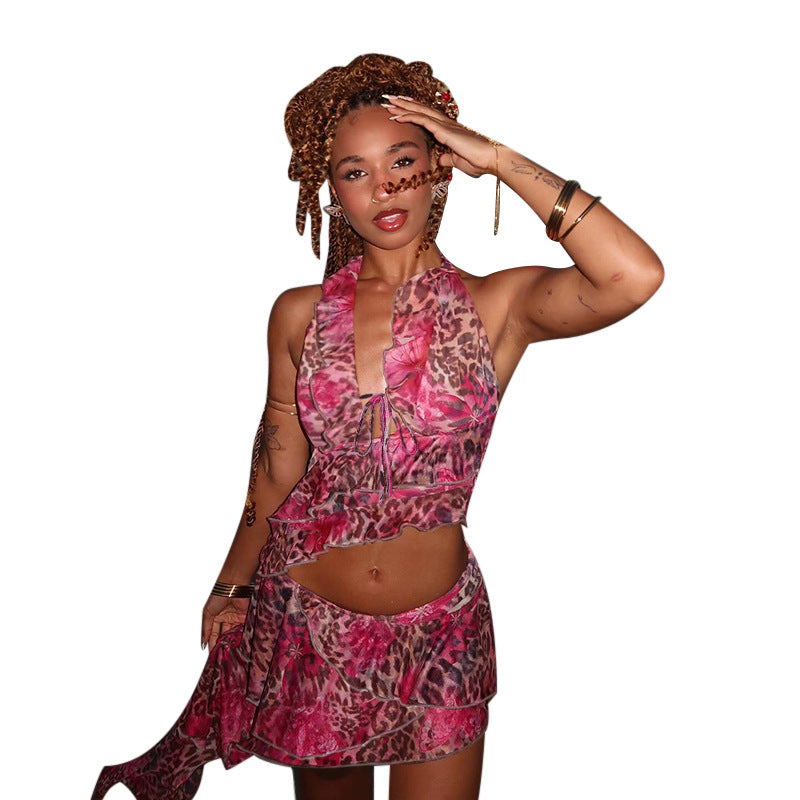 Neck-hanging Sexy Chic Leopard-print Ruffled Hem Skirt Set For Women