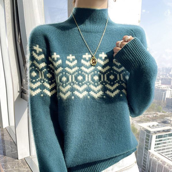 Autumn And Winter New Half Turtleneck Jacquard Thickened Knitting Loose Top