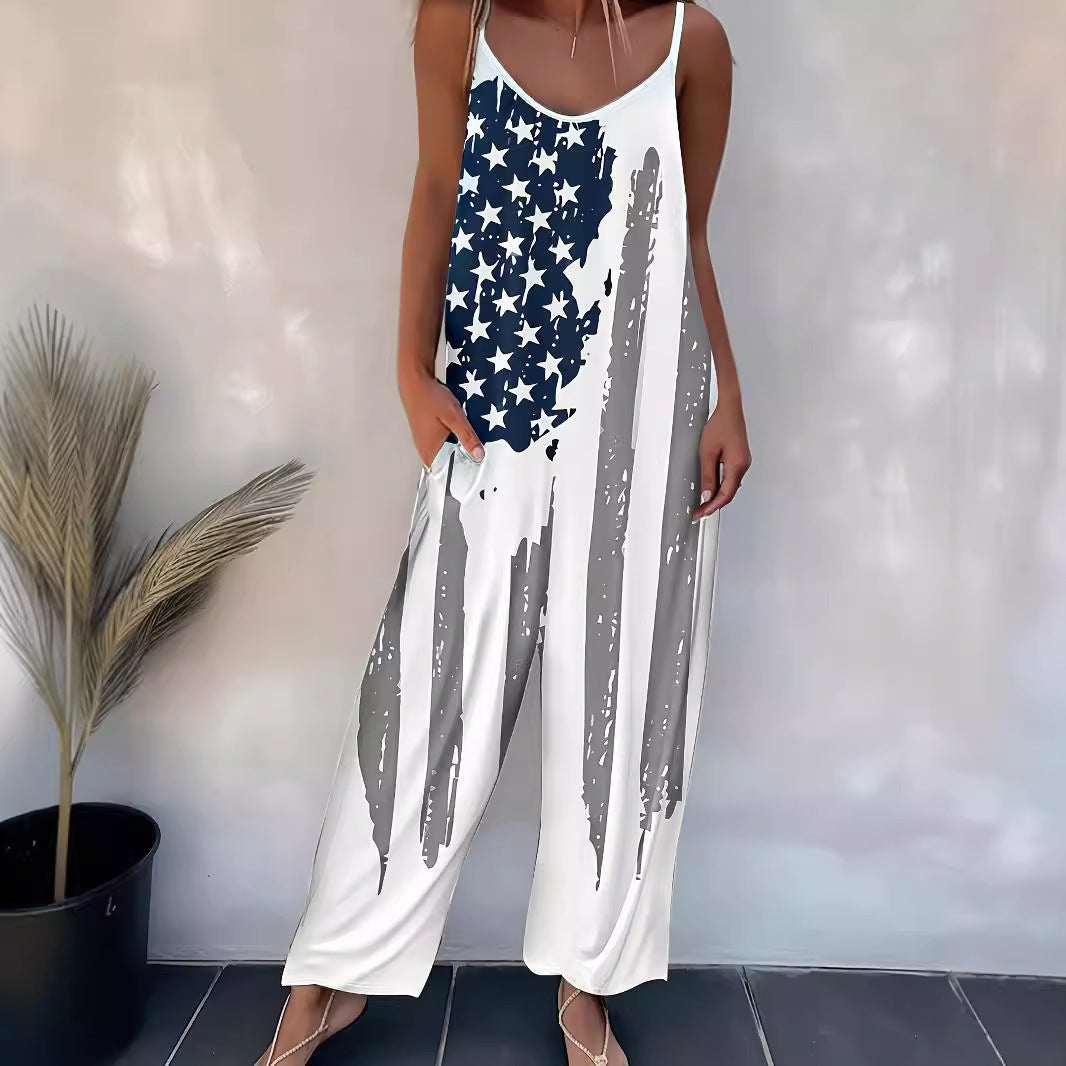Women's Printed Casual Suspender One-piece Trousers