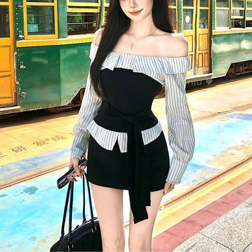 Early Autumn Color-blocking Striped Design Off-shoulder Slim-fit Top And Skirt Set