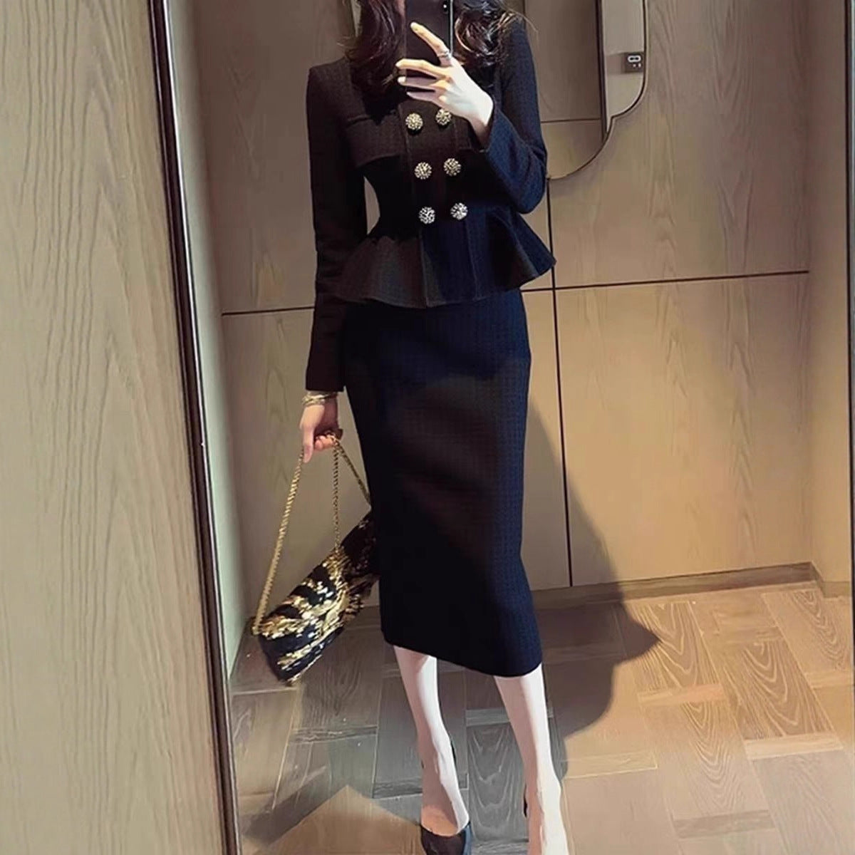 High-fashion Black Coat And Skirt Set